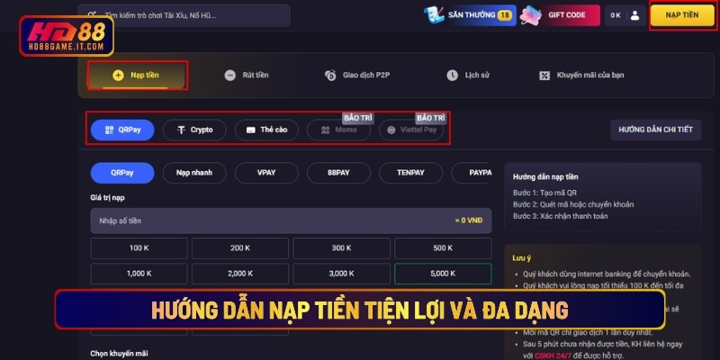 Hướng dẫn nạp tiền tiện lợi và đa dạng