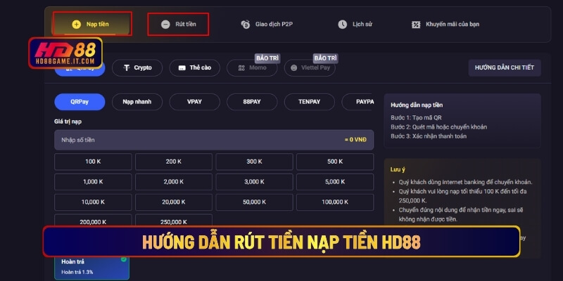 Hướng dẫn rút tiền nạp tiền HD88
